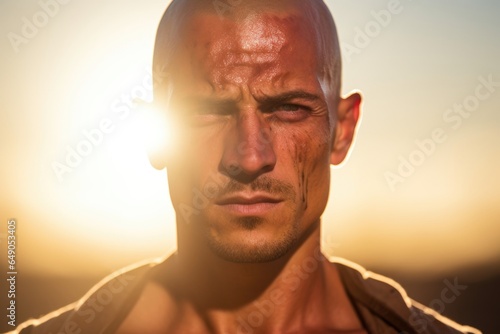 A man in his midthirties with a shaved head, donning a face full of righteous anger and determination. His caramel skin glistening under the sun, with perspiration as symbolic proof of his photo