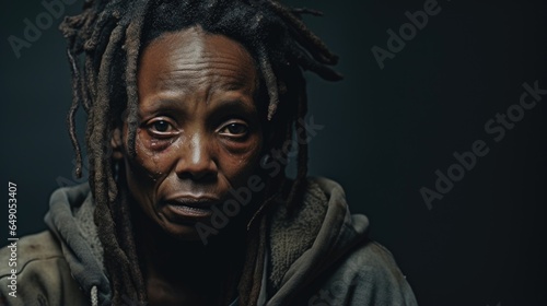 A lady in her late forties, her skin richly melaninkissed, her dreadlocks falling over her shoulders. Her eyes are full of empathy and concern, reflecting her dedication towards homelessness