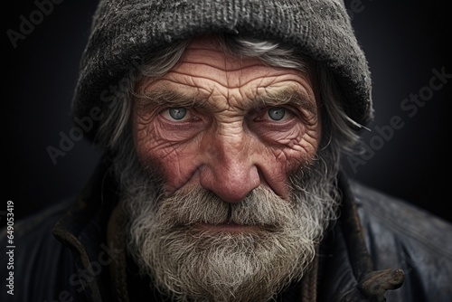 A man with a rugged countenance, showing signs of premature aging due to excessive exposure to harsh weather conditions. His furrowed brow hinting at the struggles he has faced in his life.