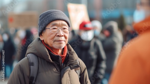 An elderly Asian man strictly stands for racial equity in his own ways by supporting causes that directly impact people of color. His dedication towards fighting racial injustice reflects