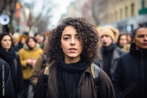 A young Middle Eastern woman stands at the forefront of picket lines, using her voice to challenge prevalent racial prejudices. She possesses a fiery determination to uproot systemic inequities © Justlight
