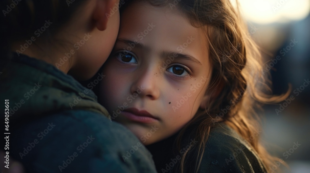 A girl, not yet a teenager, clings desperately to her younger brother. Their wide, fearful eyes mirror each other, reflecting the fear and uncertainty of their position as refugees, yet A girl, not yet a teenager, clings desperately to her younger brother. Their wide, fearful eyes mirror each other, reflecting the fear and uncertainty of their position as refugees, yet