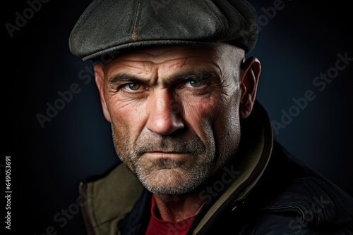 A man in his early thirties, a former veteran, uses his determined gaze covered by a flat cap, to empower and advocate for his comrades still battling homelessness.