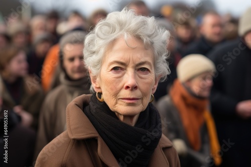 A woman in her late 60s, an icon of the suffragette movement and now an active supporter of justice. Her grey hair in a bun signals her wisdom and experience, whereas her strong will is