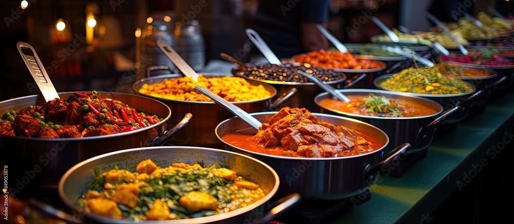 Assorted cooked curries showcased at Camden Market in London with copyspace for text