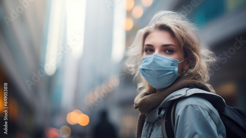 A youthful city dweller wearing a face mask, her intelligent gaze filled with concern for the rising greenhouse gases in urban spaces. Her passionate advocacy for cleaner cities highlights