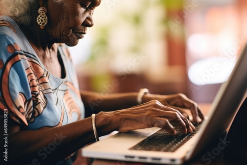 An Indigenous Australian woman is seen typing on a computer. Despite the heat making her dark skin glisten, her concentration is unbroken. A tribal elder, she seeks digital literacy to communicate