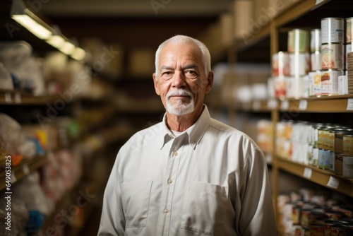 An elderly man stands before shelves packed with canned goods and nonperishable items at a local food bank. His dignity is maintained, as he has the option to choose items that will make