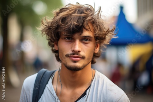 A young man with a hint of stubble on his chin, his hair tousled from running around, organizing a street theatre to enlighten others about discrimination and social injustice. His vivid