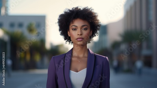 A smartly dressed black woman in a purple suit jacket exudes confidence. Her determination to fight against racial inequality at the grassroot level is evident in her assertive demeanor.