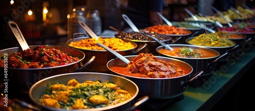 Assorted cooked curries showcased at Camden Market in London with copyspace for text