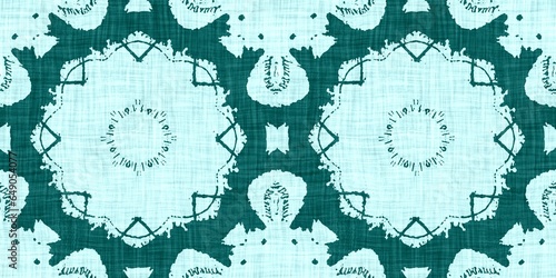 Teal green white vibrant watercolor batik azulejos tile border banner background. Seamless aqua coastal blur linen effect geometric mosaic effect.Boho Patchwork nautical masculine summer ribbon trim. 