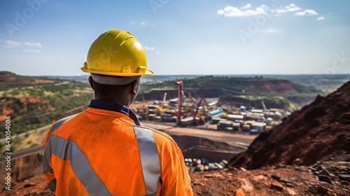 Portrait of black male construction worker from behind wearing helmet at construction site