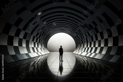 A man stands inside a black and white perspective tunnel