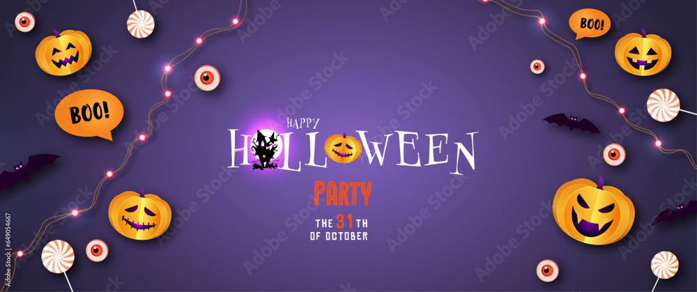 Happy Halloween event and party poster. Cute pumpkins, scary eyes, LED lights, candies and bats that appear at night. Halloween web Sale design, background, poster, party invitation or greeting card