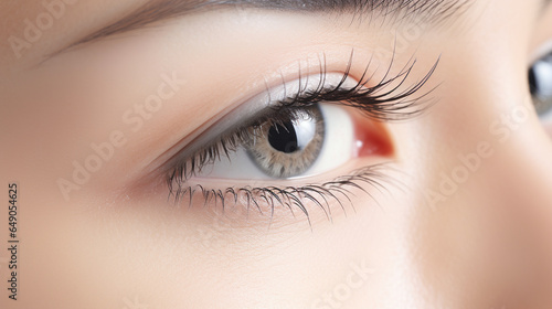 Female eye with extreme long eyelash, Eyelash extension, Close up shot of beautiful eye with day makeup, Perfect eye of woman, Concept of beauty, Macro image of human eye, AI Generated