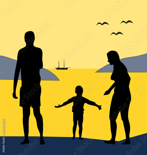 Family on the beach at sunset, some birds in the sky, and a sailboat far away
