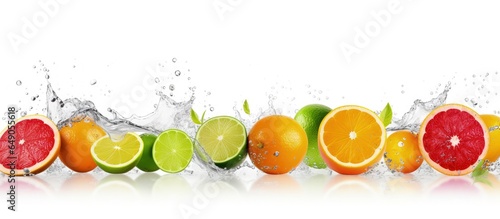 Citrus fruits and water splash on white background for banner design with copyspace for text