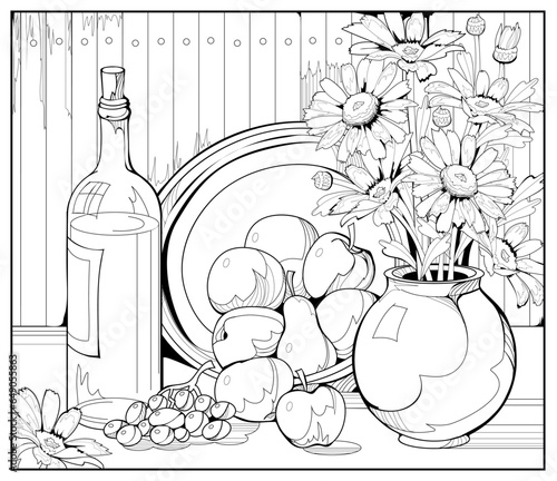 Autumn still life with fruits and flowers. Coloring book for children and adults. Image in zen-tangle style. Printable page for drawing and meditation. Black and white vector illustration.