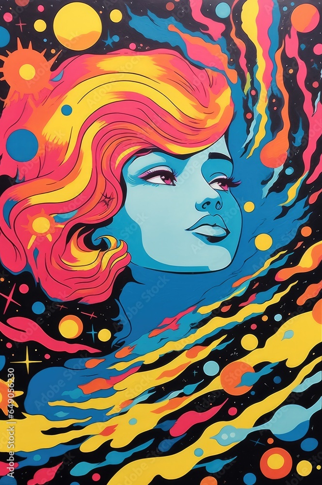 Neon face in space - Screen Print illustration poster - Vibrant retro neon colours