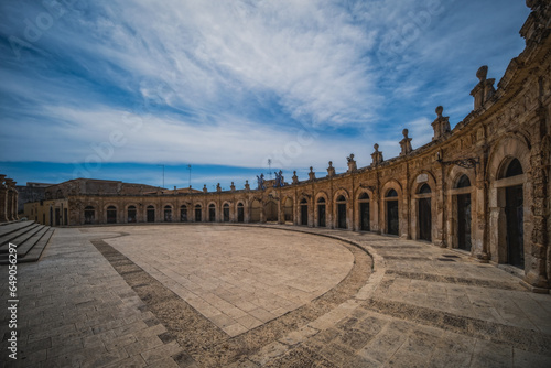 Loggia of the Sinatra in the square of the Basilica of Santa Maria Maggiore in Ispica, Ragusa, Sicily, Italy. June 2023