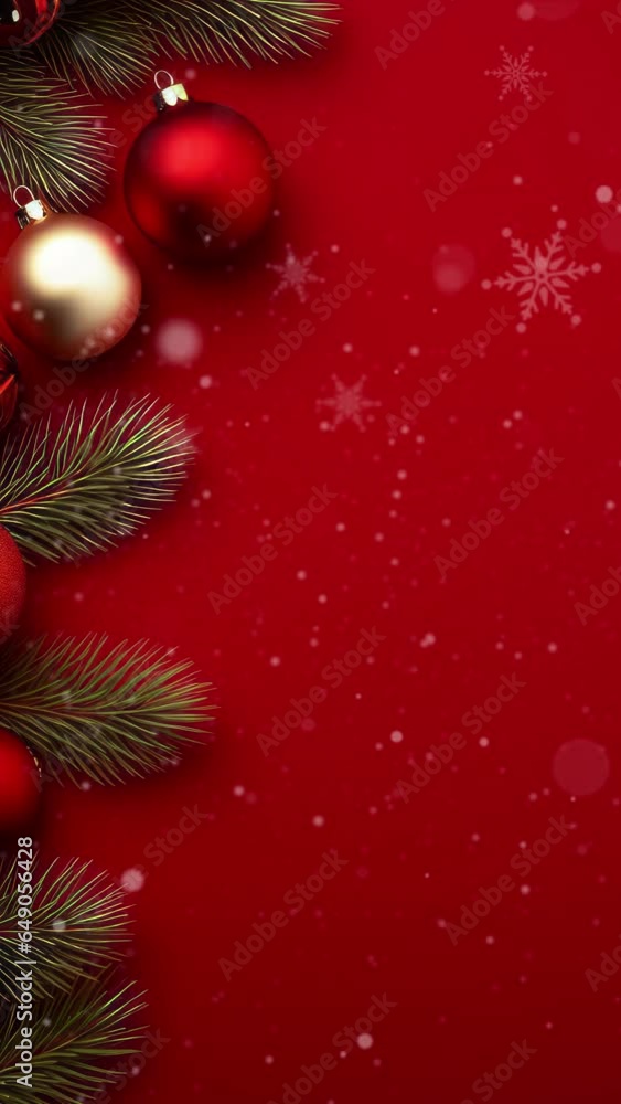 Vertical video Christmas banner with blank space for text, red background, gifts, fir tree branches, red ornaments Vertical video Christmas banner with blank space for text, red background, gifts, fir tree branches, red ornaments