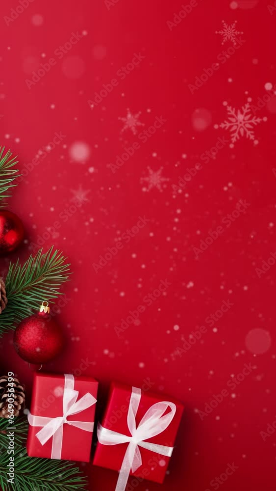 Vertical video Christmas banner with blank space for text, red background, gifts, fir tree branches, red ornaments Vertical video Christmas banner with blank space for text, red background, gifts, fir tree branches, red ornaments