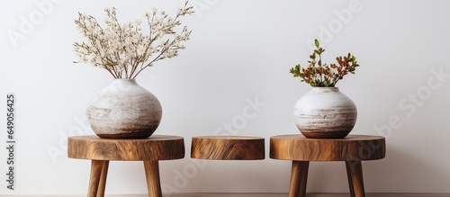 Close up of a pair of small wooden side tables against a white wall
