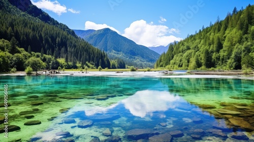 The beautiful river reflects the distant mountains