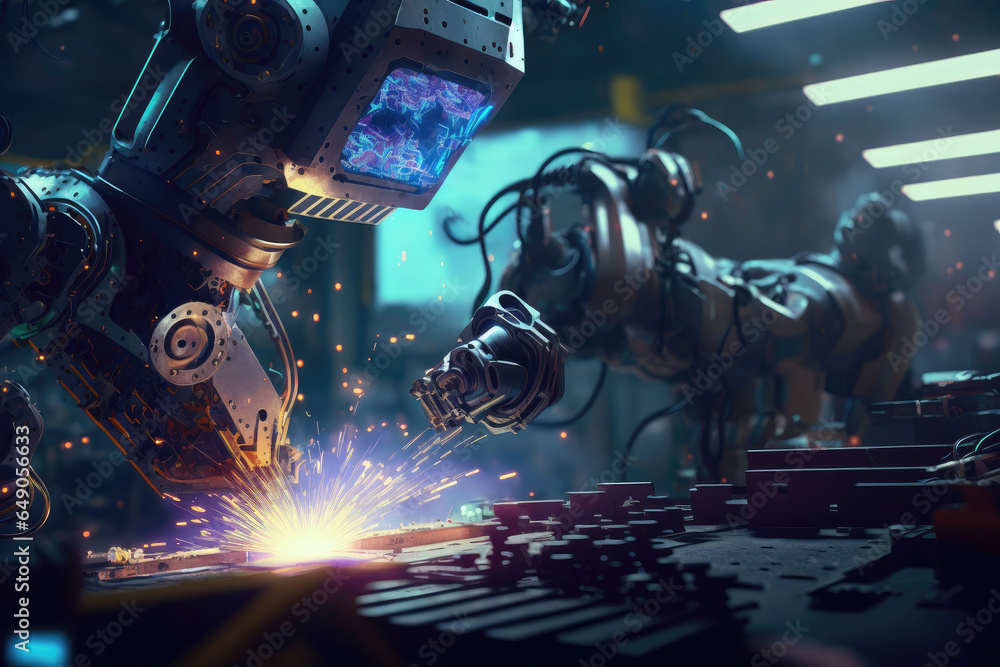 Fototapeta premium Welding robot working on the assembly line, AI generated