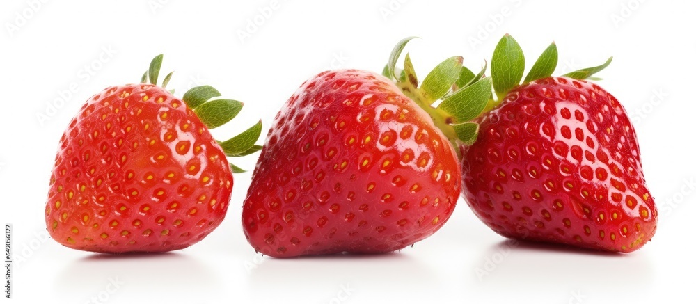 Close up of three fresh strawberries on a white background with copyspace for text Close up of three fresh strawberries on a white background with copyspace for text