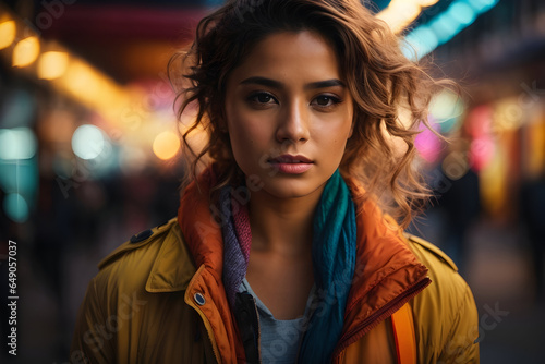 Portrait of a beautiful brunette woman with wavy hair and yellow jacket on the street at night. Colorful scene with tetradric colors.