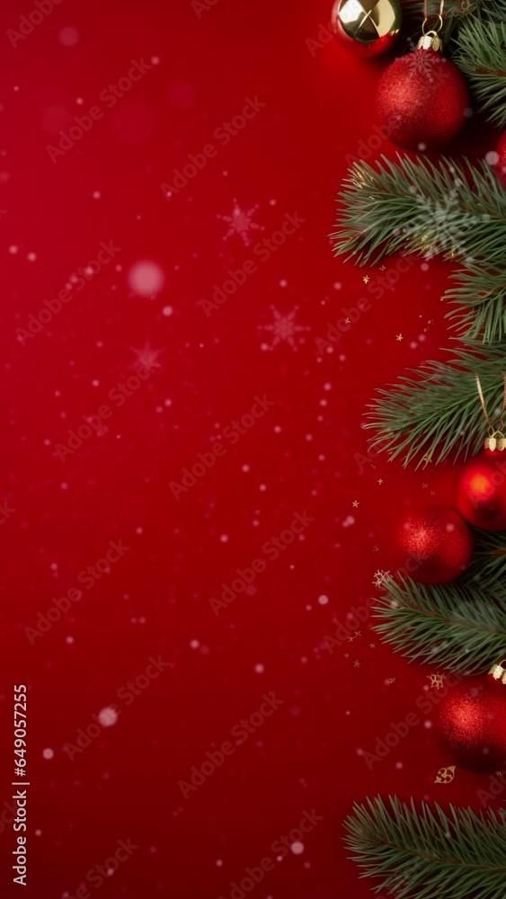 Vertical video Christmas banner with blank space for text, red background, gifts, fir tree branches, red ornaments Vertical video Christmas banner with blank space for text, red background, gifts, fir tree branches, red ornaments