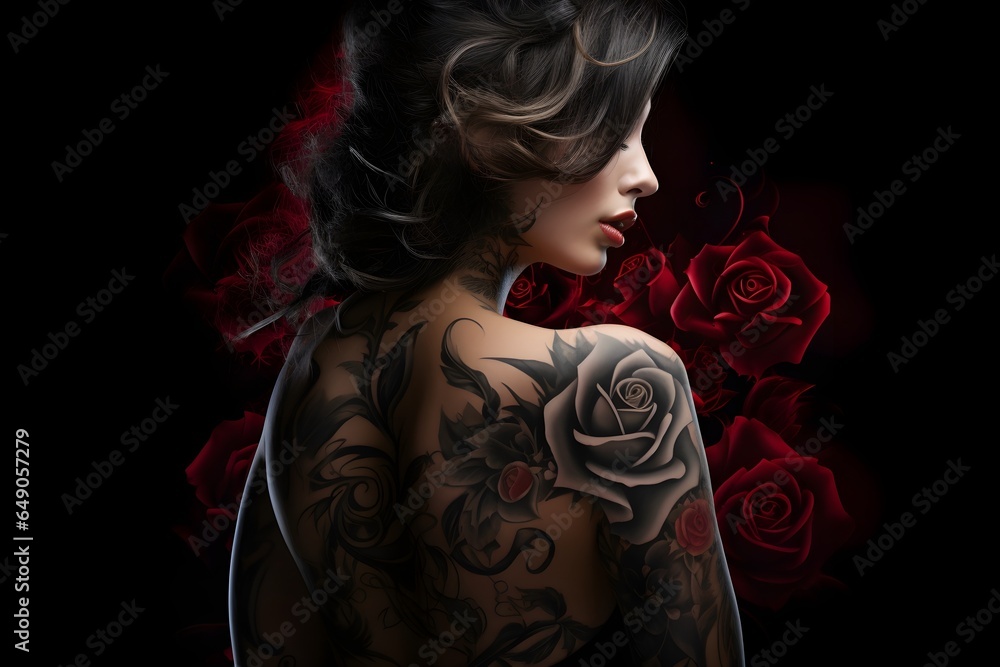 Tattooed woman dark background Tattooed woman dark background