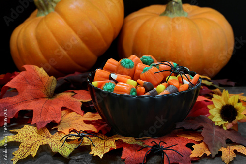 Halloween candy in a black bown surrouonded with pumpkins, leaves and spiders