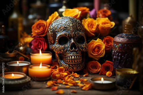 Intricately decorated altar with marigold flowers, candles, and sugar skulls for the Day of the Dead. Generative Ai. Generative AI.