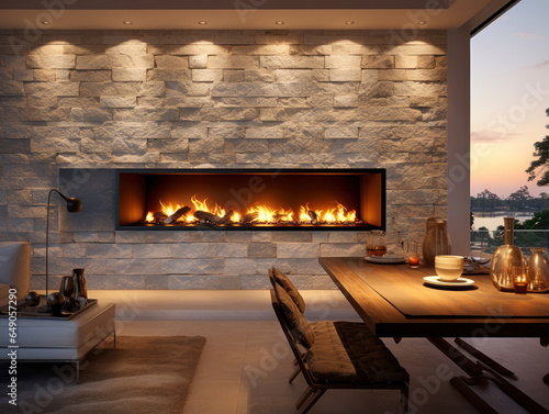 Interior of high design long fireplace in stone wall with seating area at dusk
