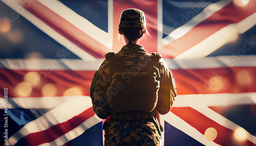 Uniformed female British soldier facing the national flag of Great Britain photo