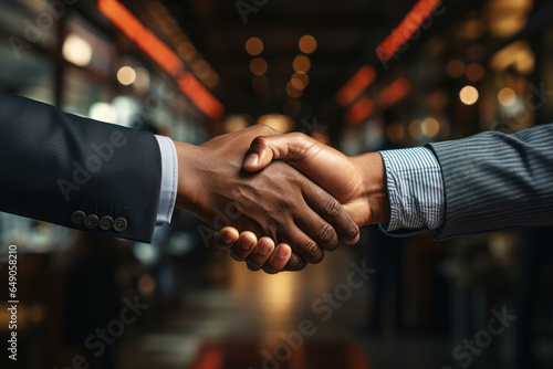 Business executives exchange handshakes, symbolizing a meeting of minds and the concept of partnership, with ample space for collaboration. Generative AI.