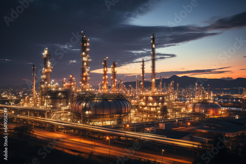 An oil refinery plant operates in the desert during evening twilight  symbolizing energy production in the petroleum gas industry. Generative AI.