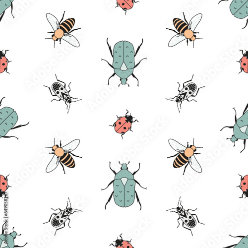 Seamless pattern with various bugs. Firebug, ant, flower chafer, honey bee, ladybug on white background