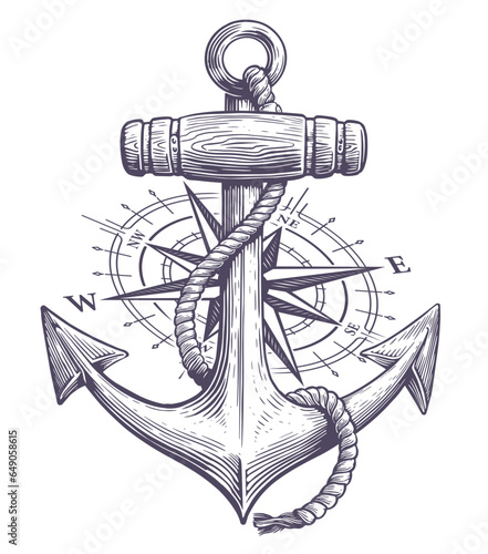 Anchor with rope and nautical compass drawn in engraving style. Sketch vintage vector illustration