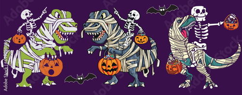 Fototapeta Naklejka Na Ścianę i Meble -  Halloween Skeletons Riding Mummy Dinosaurs and Carrying Pumpkin Basket with Bats Set