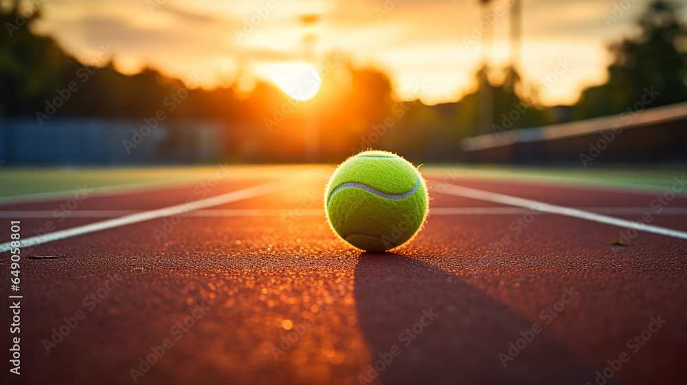 A picture capturing a tennis ball on the court during the sunset