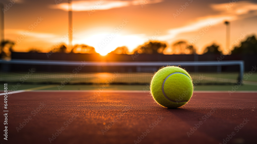 A picture capturing a tennis ball on the court during the sunset