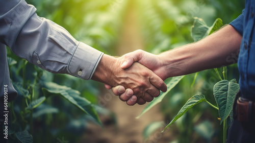 A mortgage loan officer and a farmer sealing a deal with a handshake regarding a financial assistance application, representing the collaboration between a banker and a farm worker