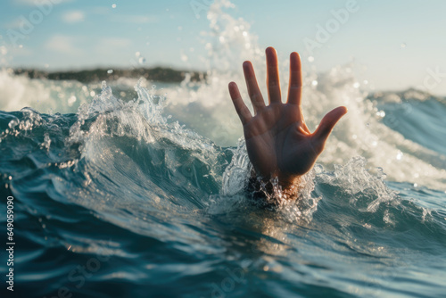 A hand sticking out of the sea, begging and calling for help. A drowned man fighting for his life and asking rescuers and people for help. Generative Ai.