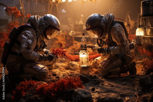 Scientists analyzing Martian soil samples in a state-of-the-art lab. Generative Ai.