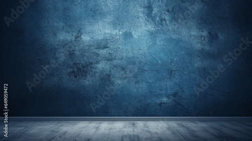 room with dark blue concrete wall and wooden floor background  wall texture  colored background. suitable to use as background  letter head  etc. No peo