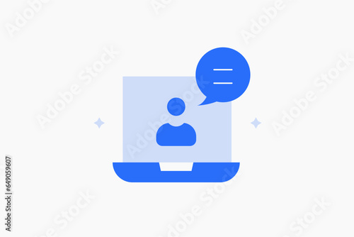 Geometric laptop messenger illustration in flat style design. Vector illustration. Duotone blue icon.